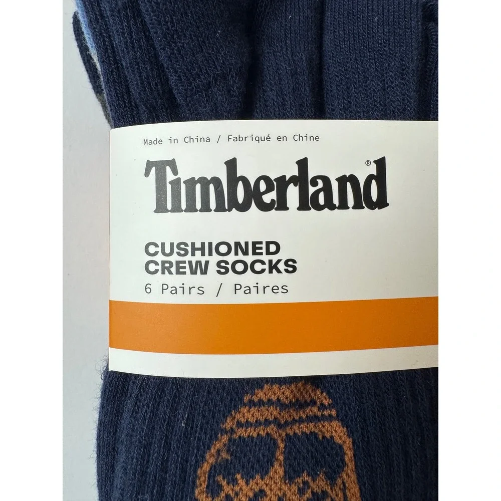 Timberland Mens 6 Pair‎ Cushioned Crew Socks Navy Grey 9-12